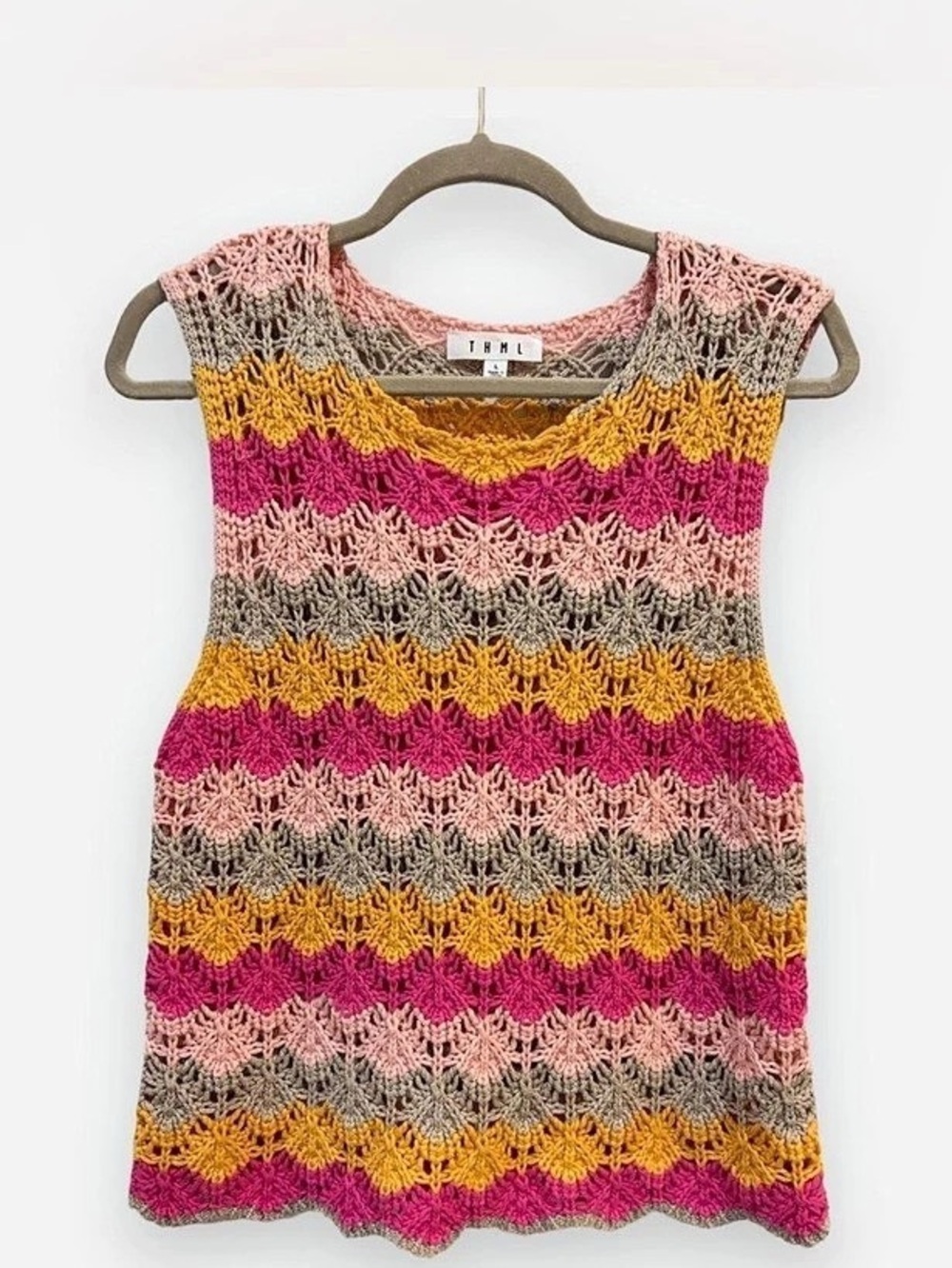 THML Crochet Sweater Tank Multicolor Striped Boho Top Scolloped Hem Large